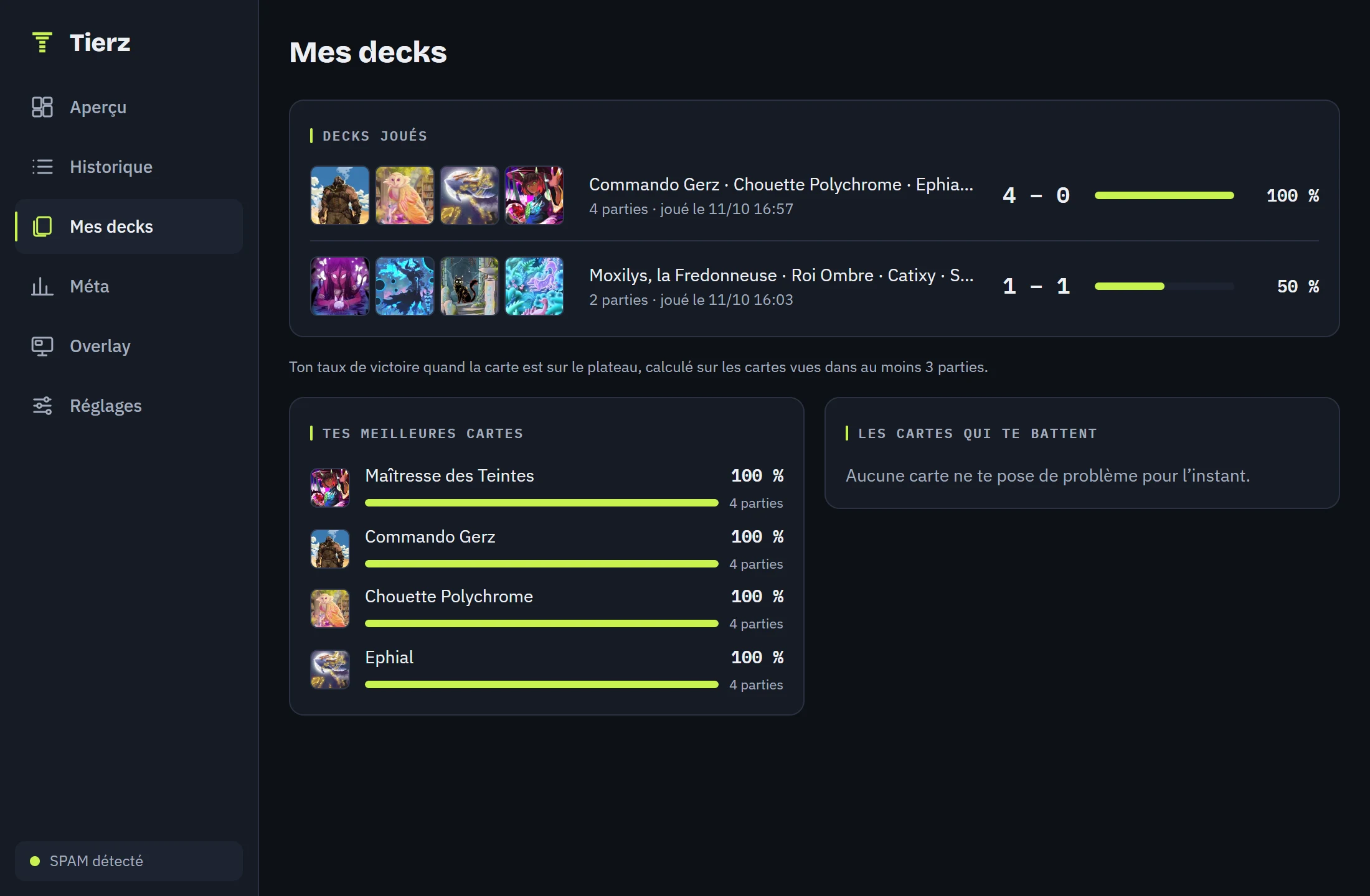 La pantalla «Mis mazos» del tracker: dos mazos con su balance y su porcentaje de victorias, y después las mejores cartas del jugador.