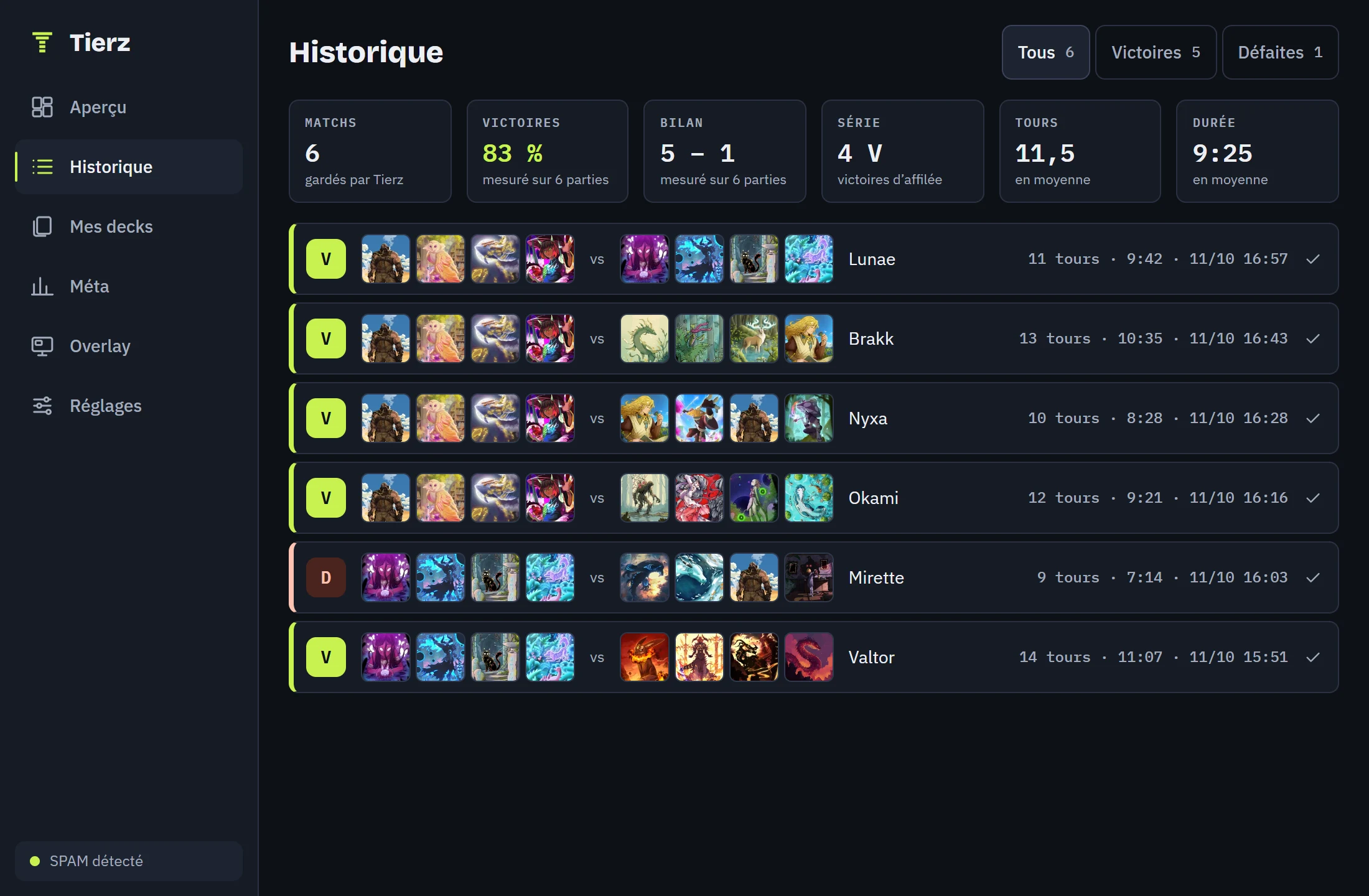 El historial del tracker: seis partidas, cada una con su resultado, los dos mazos, el rival, el número de turnos, la duración y la fecha.