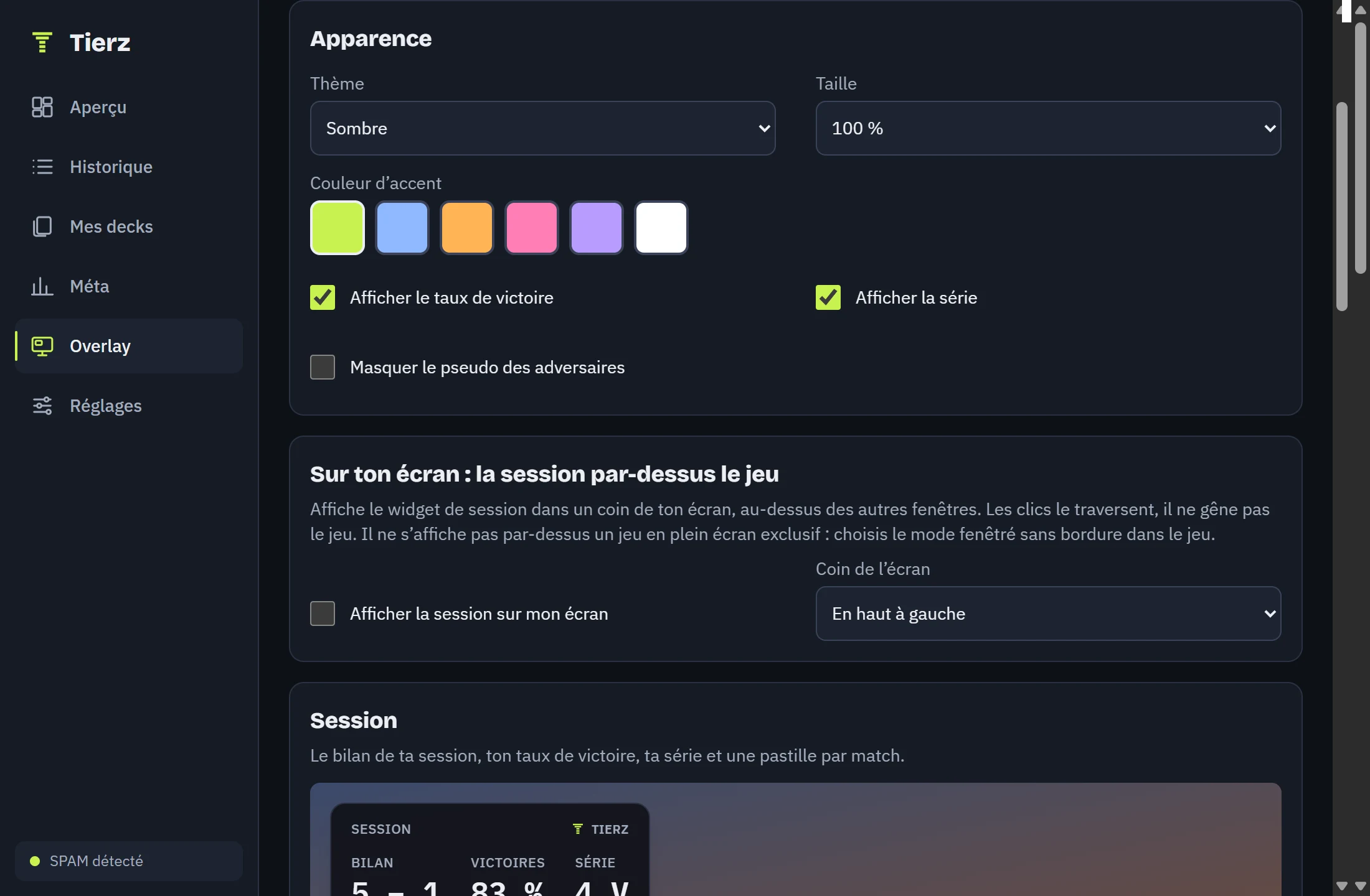Los ajustes de los widgets en el tracker: tema, tamaño, color de acento y la sesión mostrada encima del juego.
